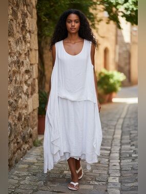 Athena Marie White Tiered
Sleeveless Lagenlook Linen
Blend Dress Size L